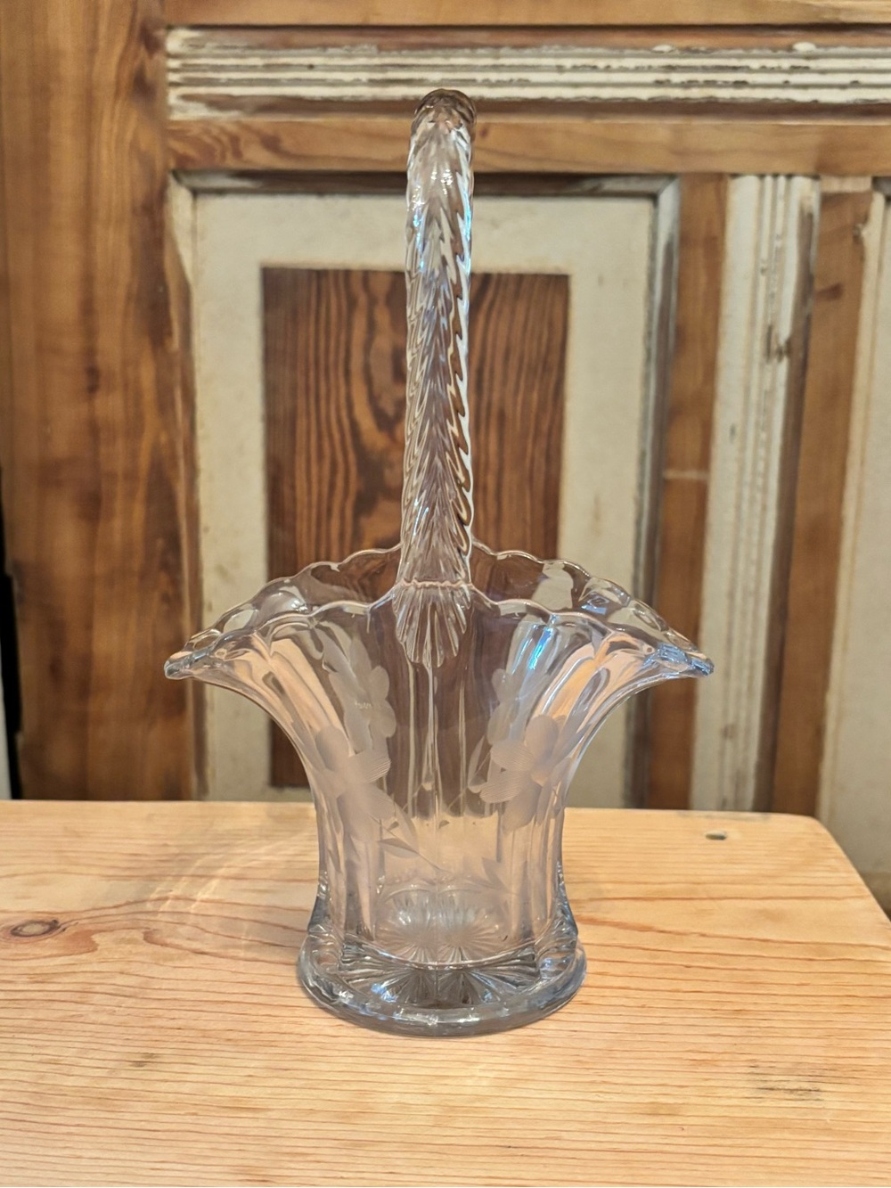 Clear Etched Glass Basket with Twisted Handle